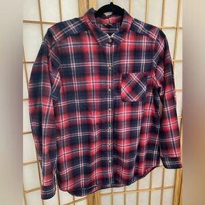 Eddie Bauer Pink and Navy Plaid Flannel Button-Up Shirt